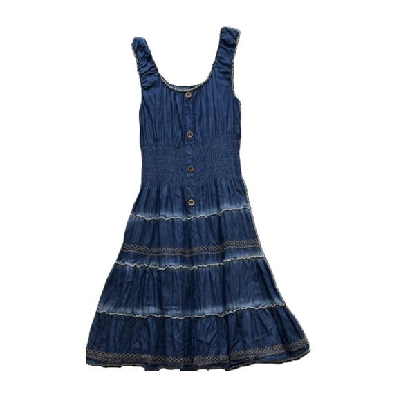 Lapis Anthropologie Tiered Smocked Denim Maxi Peasant Prairie Boho Dress Sz M - Picture 1 of 15